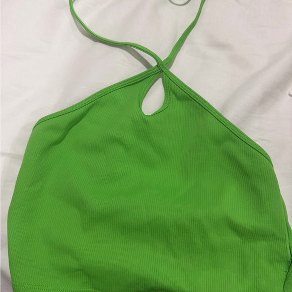 Tops - Bright Green Ribbed Halter Crop Top